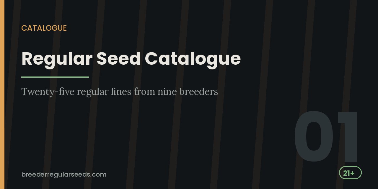 Catalogue title card stating that twenty-five regular cannabis lines from nine breeders are listed on this page