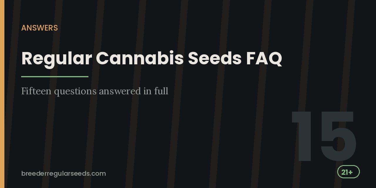 Section heading card introducing fifteen answered questions about regular cannabis seeds