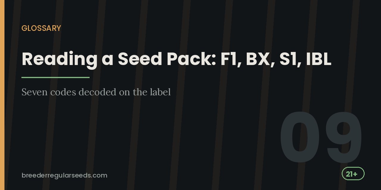 Section heading card decoding seven breeder codes printed on cannabis seed pack labels