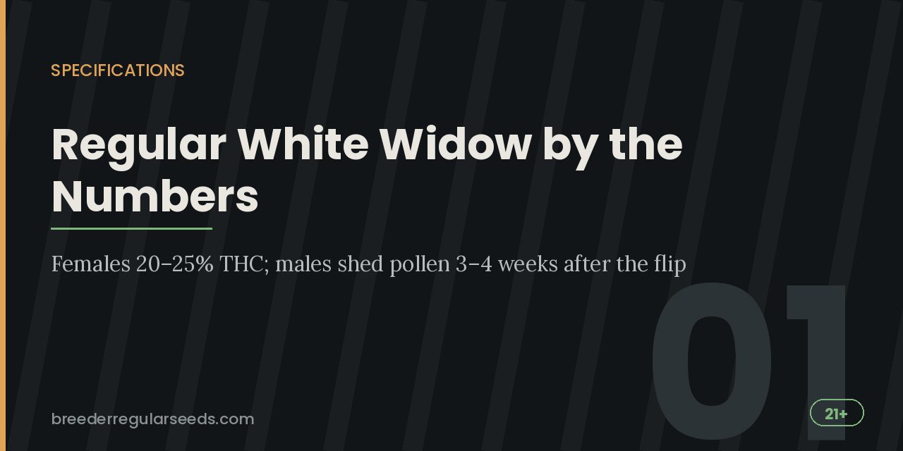 Specifications title card stating that females test at 20 to 25 percent THC while males shed pollen 3 to 4 weeks after the flip