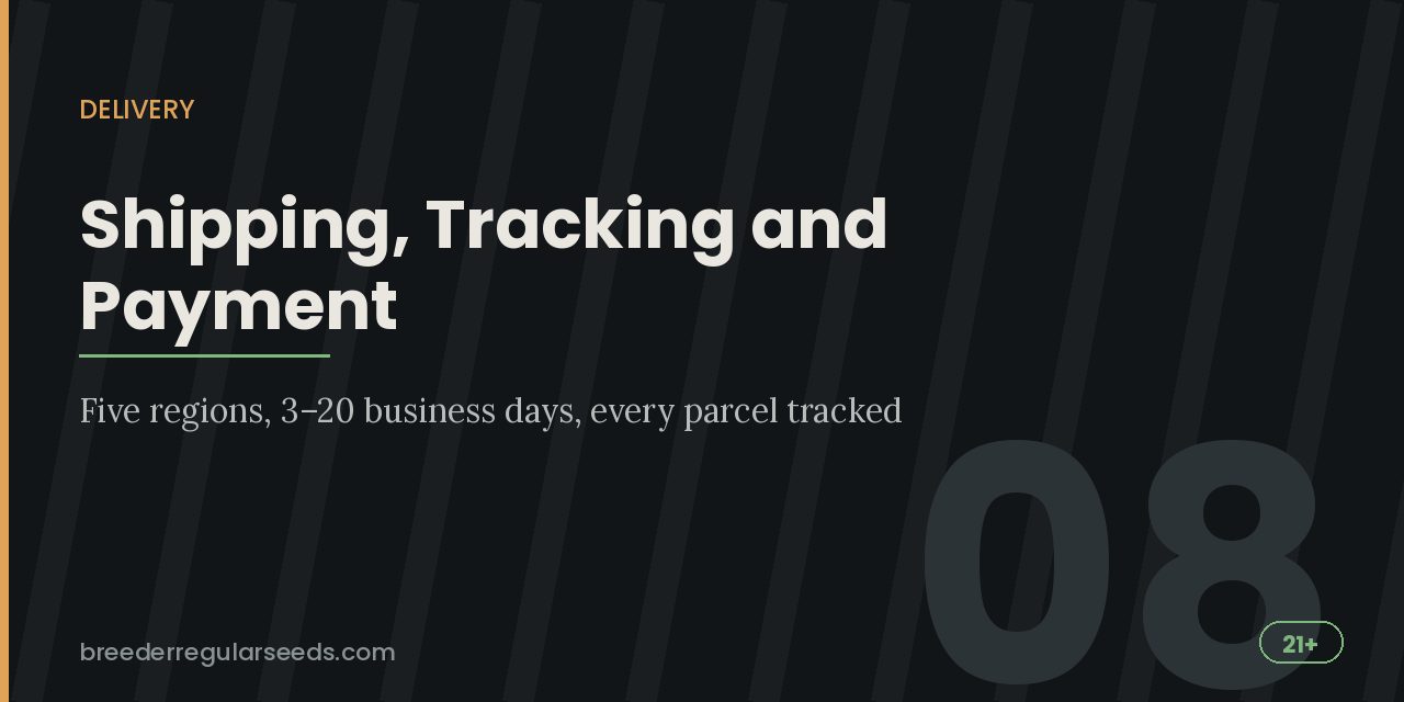 Delivery title card listing five regions, 3 to 20 business days and tracking on every parcel